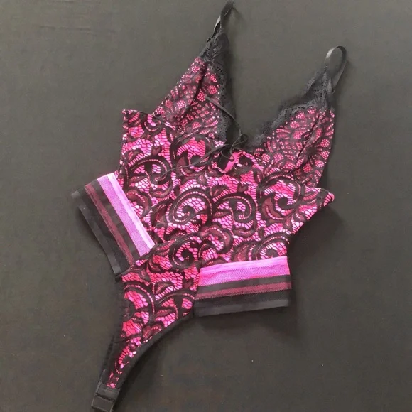 Pink & Black Lace Bodysuit with Bottom Closure - Picture 8 of 11